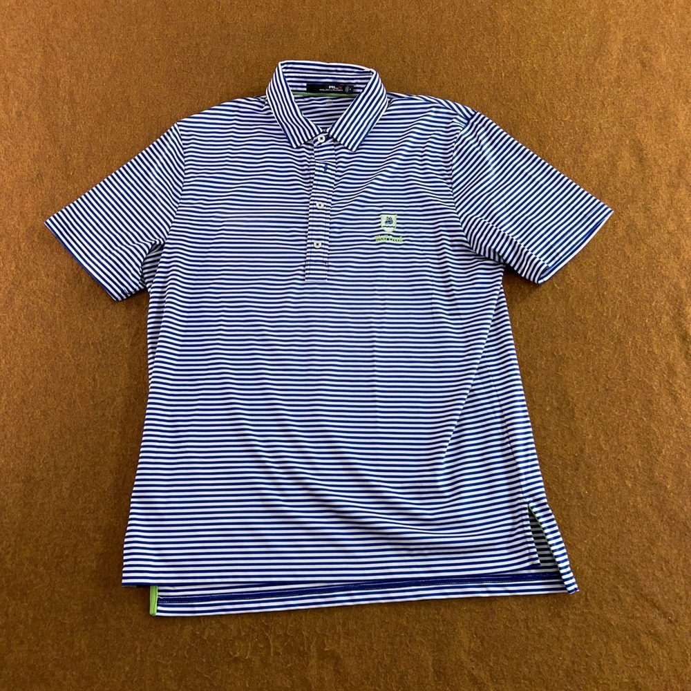 RLX Ralph Lauren Mens M Blue Striped Wicking Wolf Creek Golf Polo Shirt